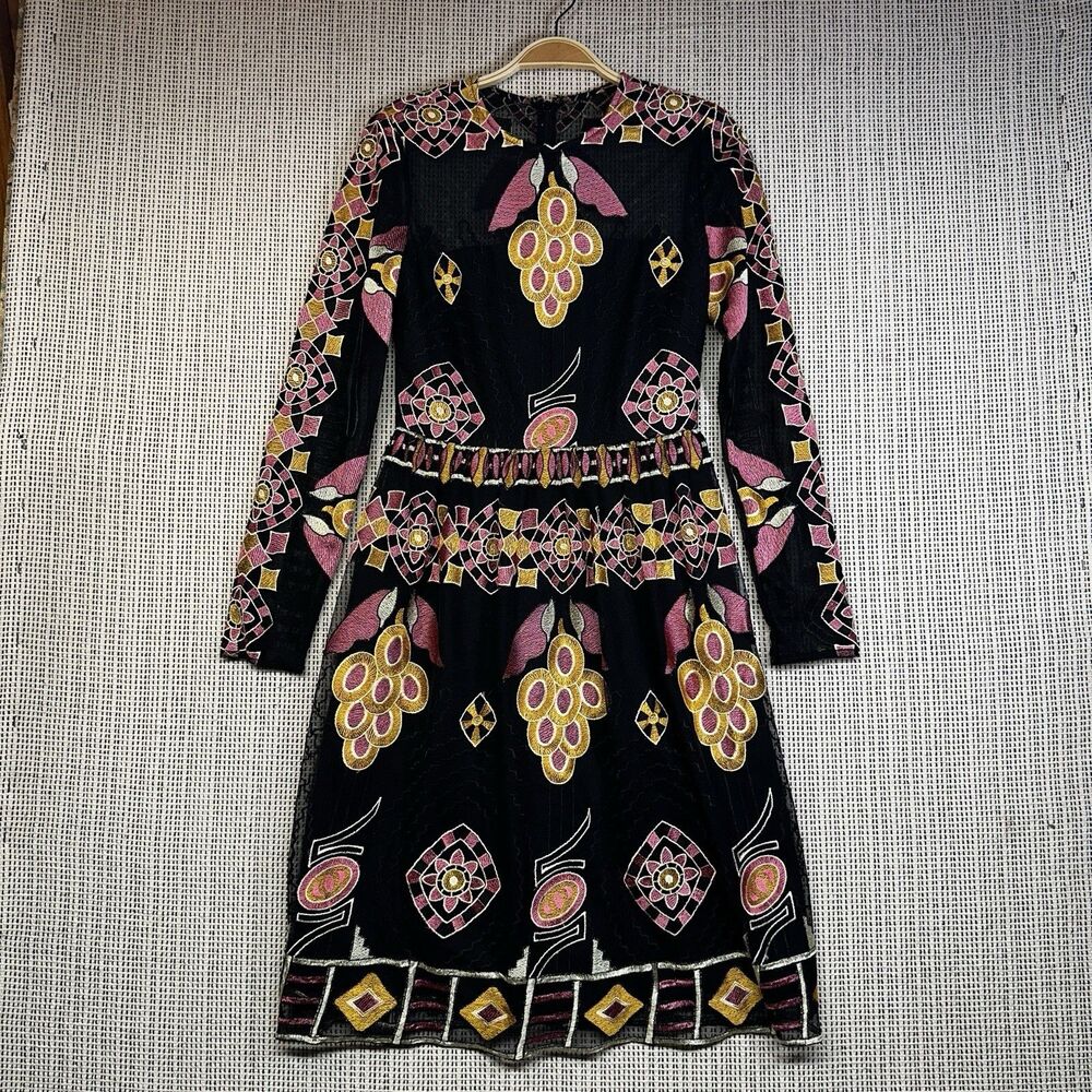 Mikael Aghal Embroidered Mesh Dress 0 Black Pink Gold Floral Long Sleeve Midi